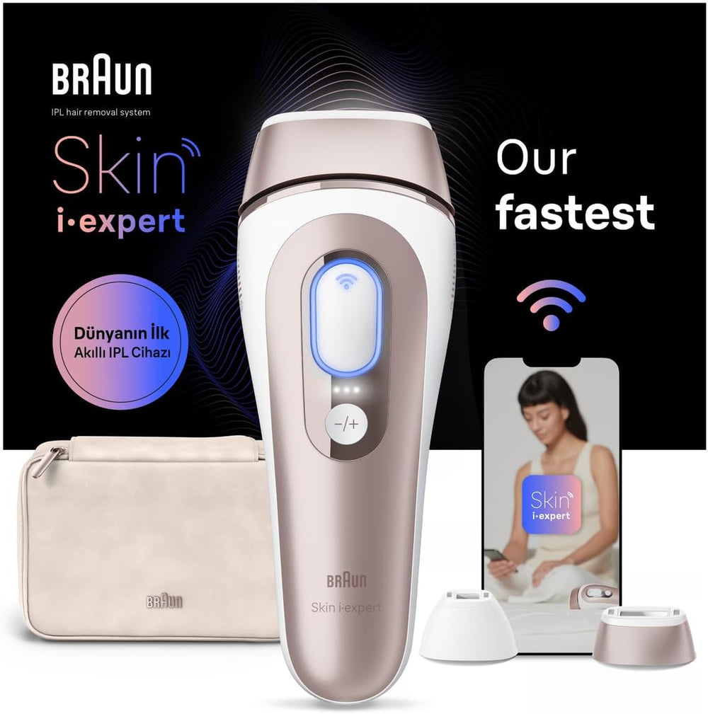 Braun Smart IPL 7 Skin i·expert - IPL Hair Removal Device, Permanent and Painless Hair Removal for Home - Includes Free App, Case, Venus Razor, 2 Smart Attachments - PL7147, White/Rose Gold