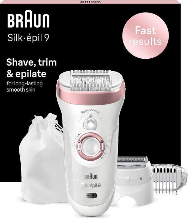Braun Silk-épil 9 Epilator, With Shaver & Trimmer Head, Shave, Trim & Epilate For Long-Lasting Smooth Skin, Provides Smooth Skin For Weeks, 100% Waterproof, 2 Pin Bathroom Plug, 9-720, White/Pink